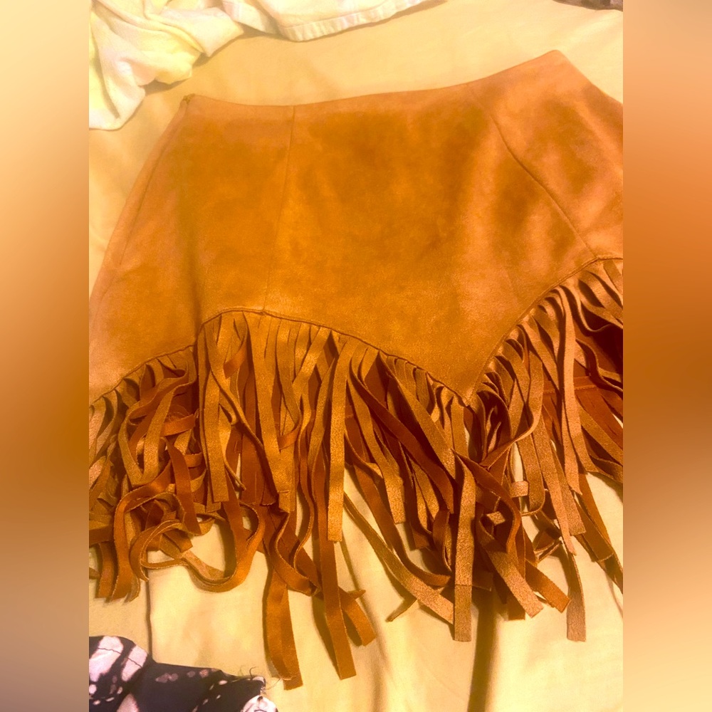 Fringed Tan Mini Skirt